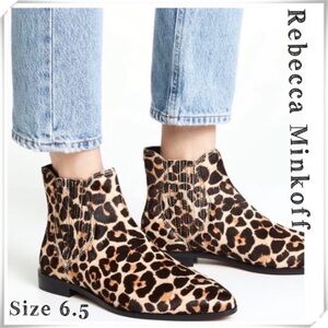 REBECCA Minkoff Maydsin Leopard Pointed Toe Calf Hair Ankle Boots in Beige